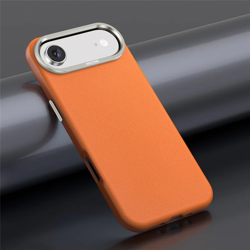 For iPhone Air Magnetic Case Fine Grid Texture Leather Coated TPU PC Phone Cover with Metal Lens Frame - Orange