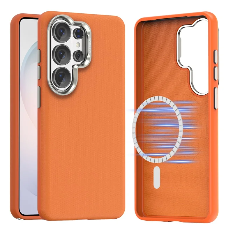 For Samsung Galaxy S26 Ultra Magnetic Case Fine Grid Texture Leather Coated TPU PC Phone Cover with Metal Lens Frame - Orange - 1