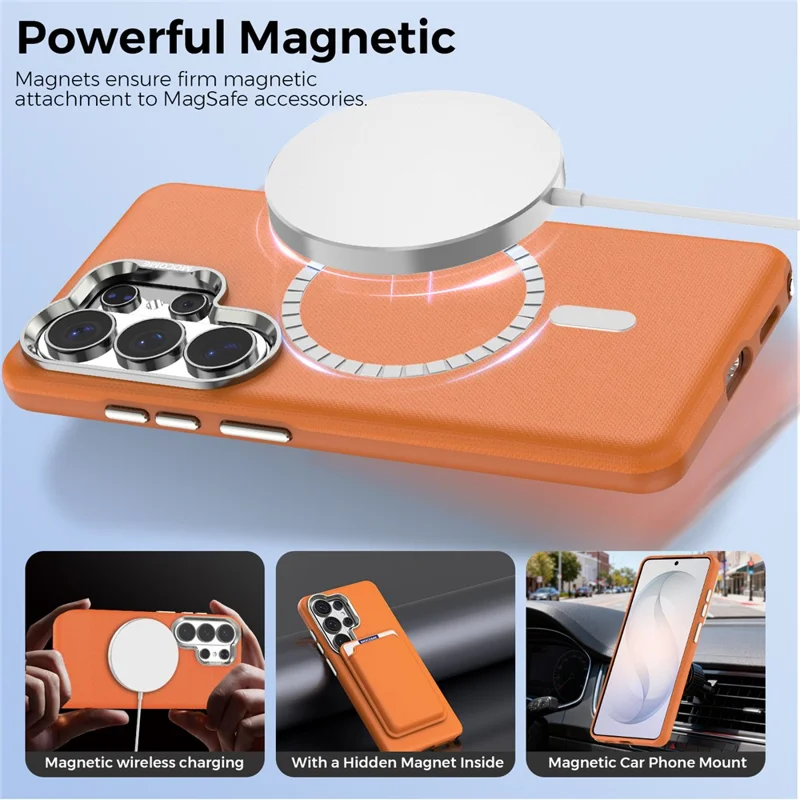 For Samsung Galaxy S26 Ultra Magnetic Case Fine Grid Texture Leather Coated TPU PC Phone Cover with Metal Lens Frame - Orange - 3