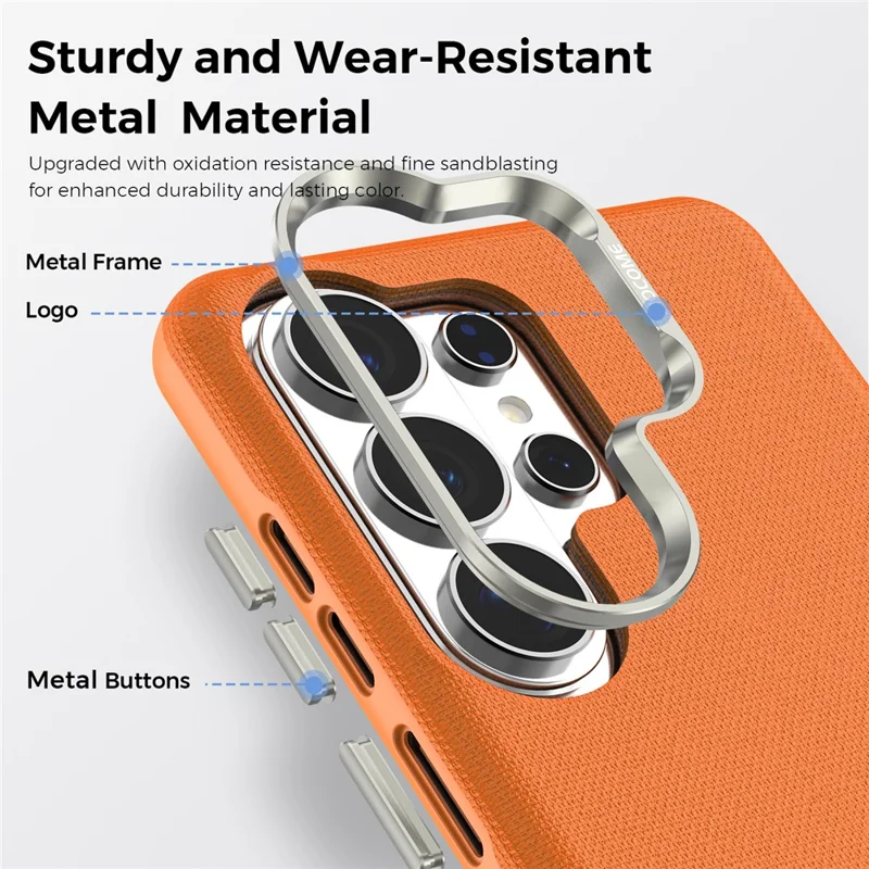 For Samsung Galaxy S26 Ultra Magnetic Case Fine Grid Texture Leather Coated TPU PC Phone Cover with Metal Lens Frame - Orange - 5