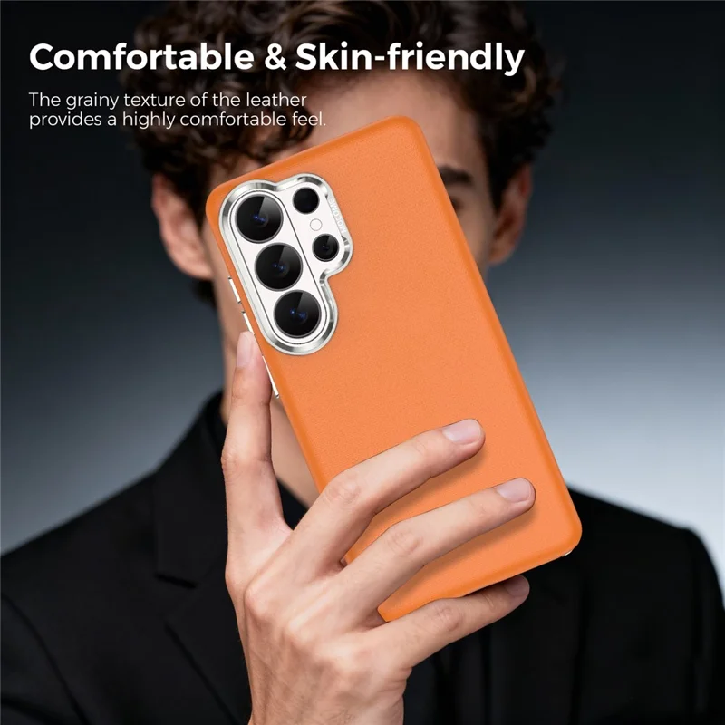 For Samsung Galaxy S26 Ultra Magnetic Case Fine Grid Texture Leather Coated TPU PC Phone Cover with Metal Lens Frame - Orange - 7