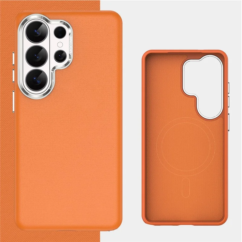 For Samsung Galaxy S26 Ultra Magnetic Case Fine Grid Texture Leather Coated TPU PC Phone Cover with Metal Lens Frame - Orange - 8