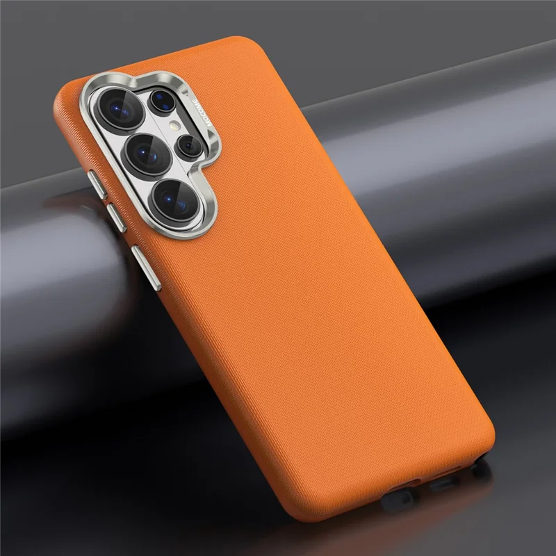 For Samsung Galaxy S26 Ultra Magnetic Case Fine Grid Texture Leather Coated TPU PC Phone Cover with Metal Lens Frame - Orange - 9