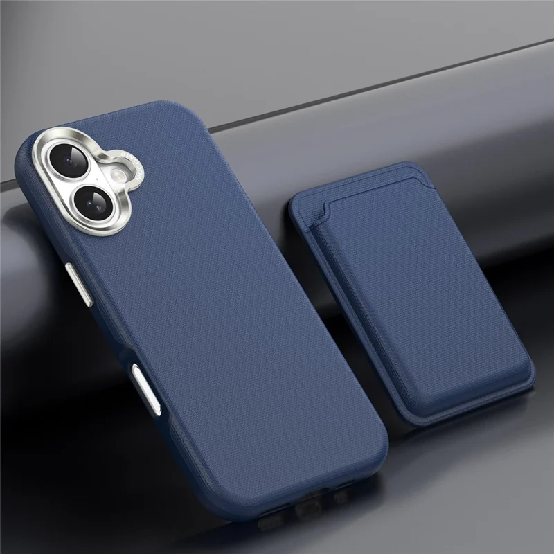 For iPhone 17 Magnetic Case Fine Grid Texture Leather Back Phone Cover with Detachable Card Holder - Sapphire