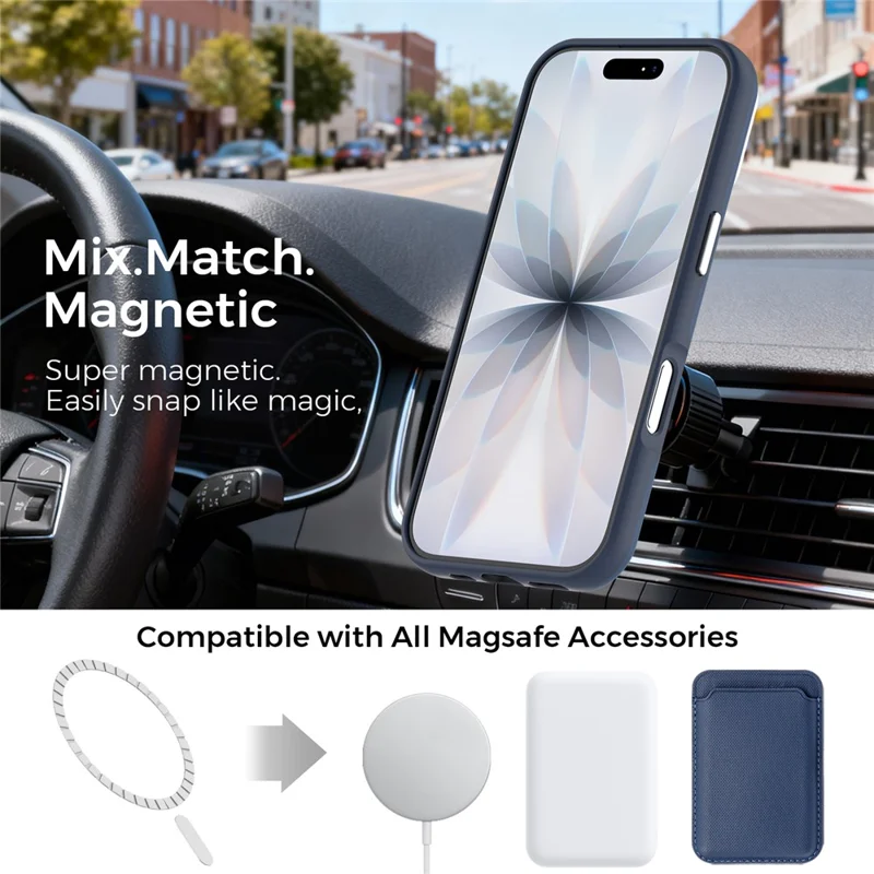 For iPhone 17 Magnetic Case Fine Grid Texture Leather Back Phone Cover with Detachable Card Holder - Sapphire