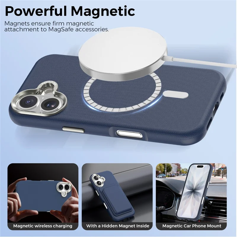 For iPhone 17 Magnetic Case Fine Grid Texture Leather Back Phone Cover with Detachable Card Holder - Sapphire