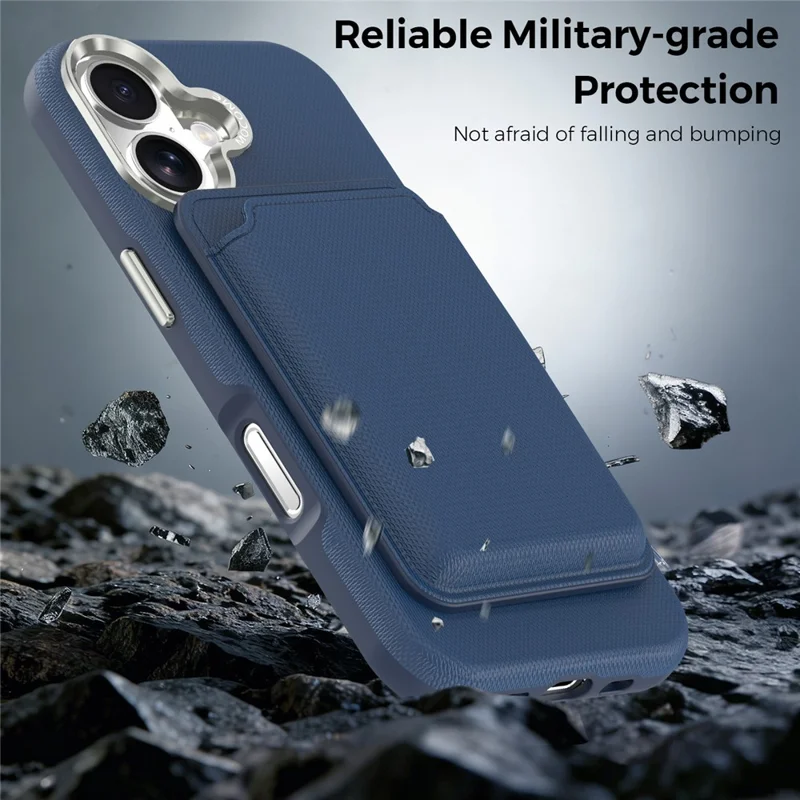 For iPhone 17 Magnetic Case Fine Grid Texture Leather Back Phone Cover with Detachable Card Holder - Sapphire