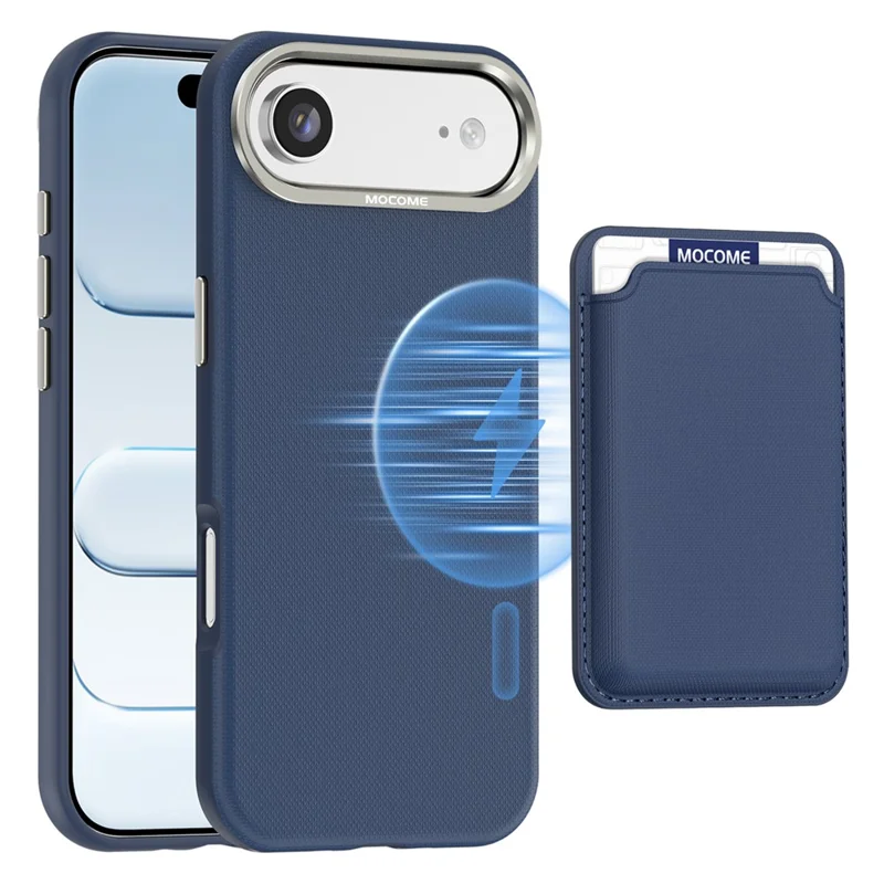 For iPhone Air Magnetic Case Fine Grid Texture Leather Back Phone Cover with Detachable Card Holder - Sapphire
