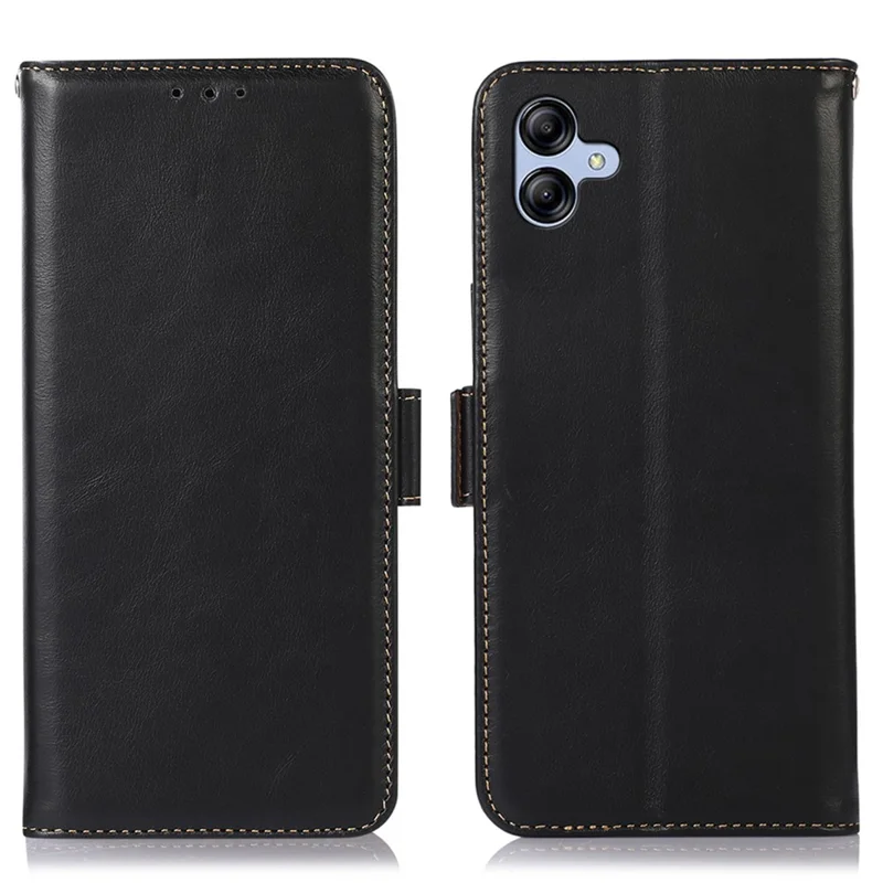 For Samsung Galaxy A04e 4G / F04 4G / M04 4G Crazy Horse Texture RFID Blocking Phone Case Genuine Cowhide Leather Stand Magnetic Cell Phone Flip Wallet Cover - Black