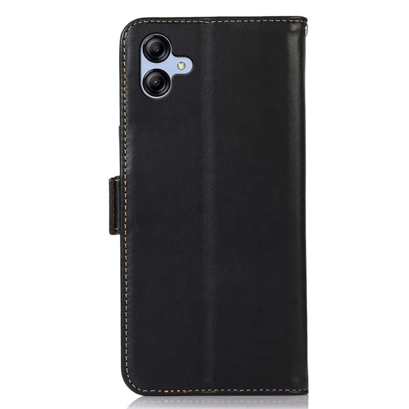 For Samsung Galaxy A04e 4G / F04 4G / M04 4G Crazy Horse Texture RFID Blocking Phone Case Genuine Cowhide Leather Stand Magnetic Cell Phone Flip Wallet Cover - Black