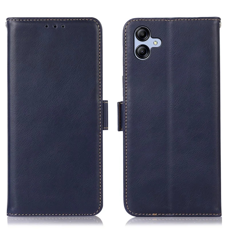 For Samsung Galaxy A04e 4G / F04 4G / M04 4G Crazy Horse Texture RFID Blocking Phone Case Genuine Cowhide Leather Stand Magnetic Cell Phone Flip Wallet Cover - Blue