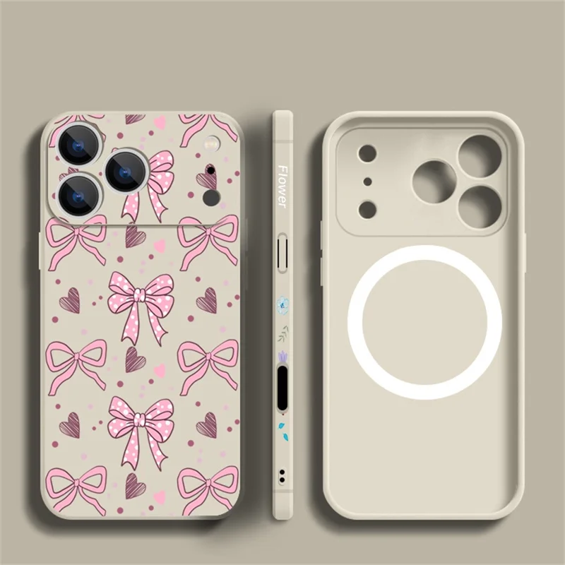 For iPhone 17 Pro Magnetic Case UV Printing Bow Pattern Liquid Silicone Precise Camera Cutouts Phone Cover - PB497