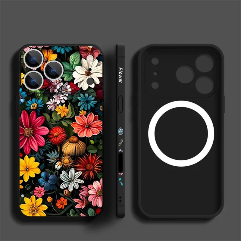 For iPhone 17 Pro Magnetic Case UV Print Floral Pattern Precise Camera Cutout Liquid Silicone Protective Cover - PB319