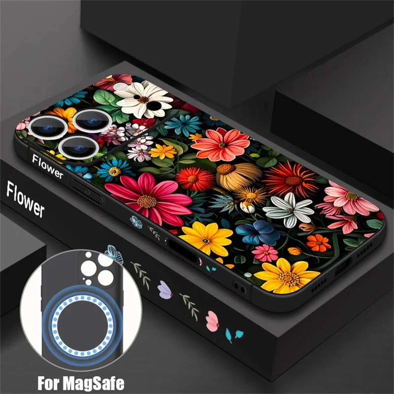 For iPhone 17 Pro Magnetic Case UV Print Floral Pattern Precise Camera Cutout Liquid Silicone Protective Cover - PB319