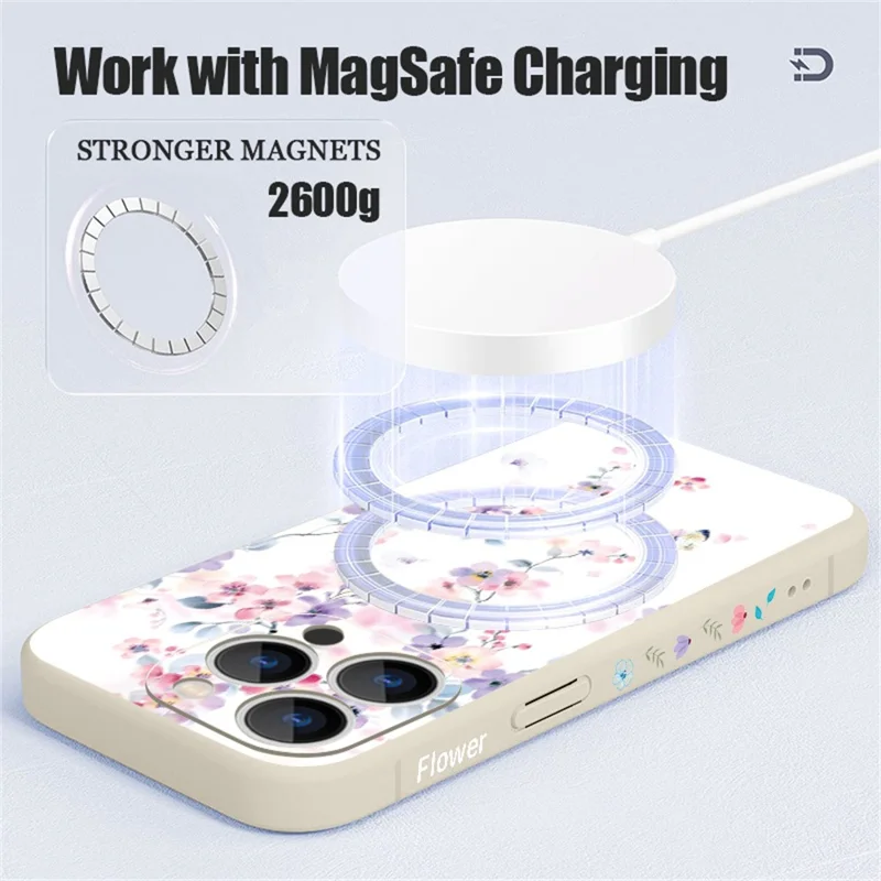 För iPhone 17 Pro Max Magnetisk Skal med UV-tryck Blomstermönster Precisa Kamerahål Liquid Silicone Skyddshölje - PB319