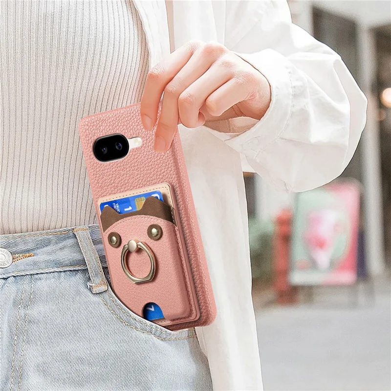 For Google Pixel 10a PU Leather Phone Back Cover with Cute Bear Design Card Holder - Pink