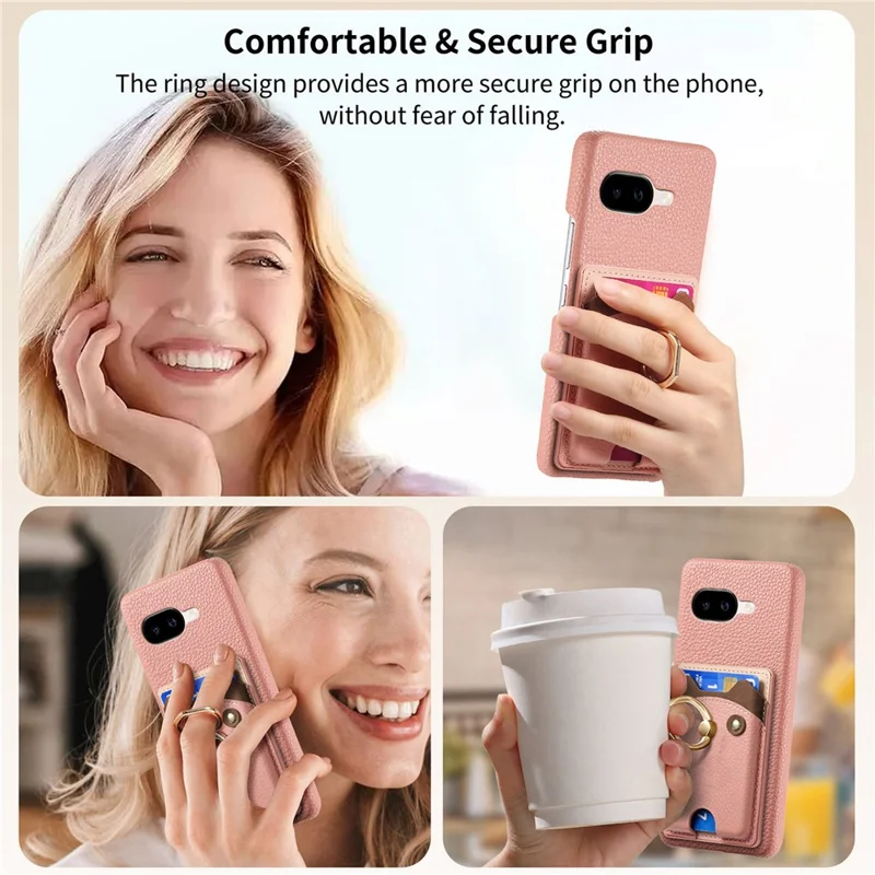 For Google Pixel 10a PU Leather Phone Back Cover with Cute Bear Design Card Holder - Pink
