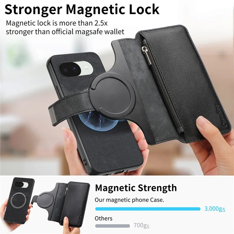 CASENEO MW-02 For Google Pixel 10a Case Detachable Magnetic Leather Flip Cover - Black
