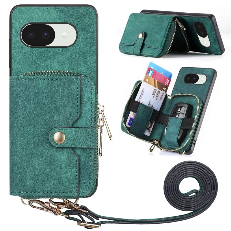 Funda trasera de cuero PU para Google Pixel 10a con soporte para tarjetas con cremallera y correa larga - Verde