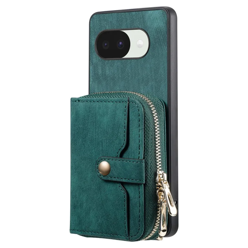 Funda trasera de cuero PU para Google Pixel 10a con soporte para tarjetas con cremallera y correa larga - Verde