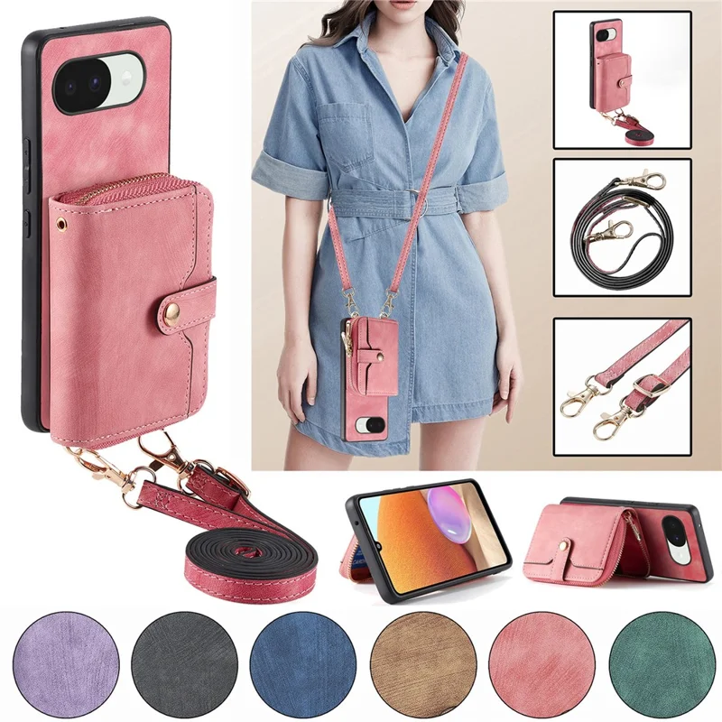 Funda trasera de cuero PU para Google Pixel 10a con soporte para tarjetas con cremallera y correa larga - Verde