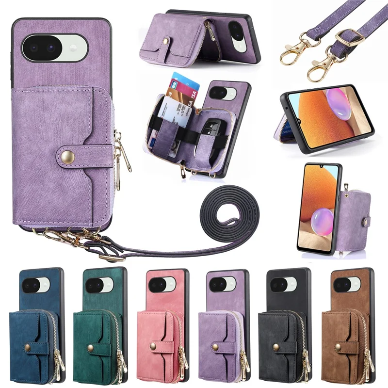 Funda trasera de cuero PU para Google Pixel 10a con soporte para tarjetas con cremallera y correa larga - Verde