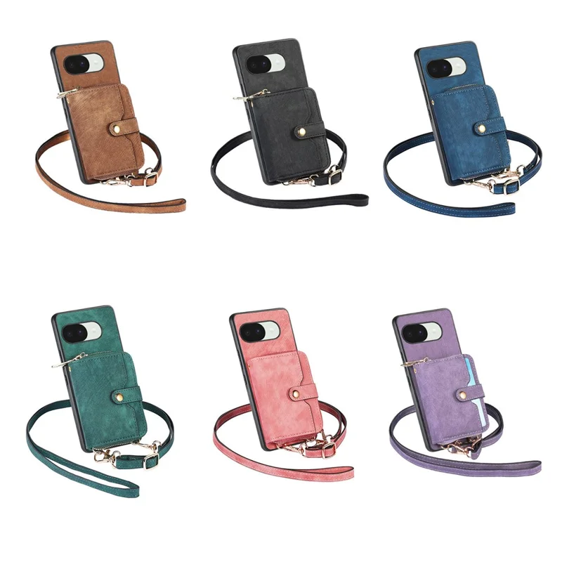 Funda trasera de cuero PU para Google Pixel 10a con soporte para tarjetas con cremallera y correa larga - Verde