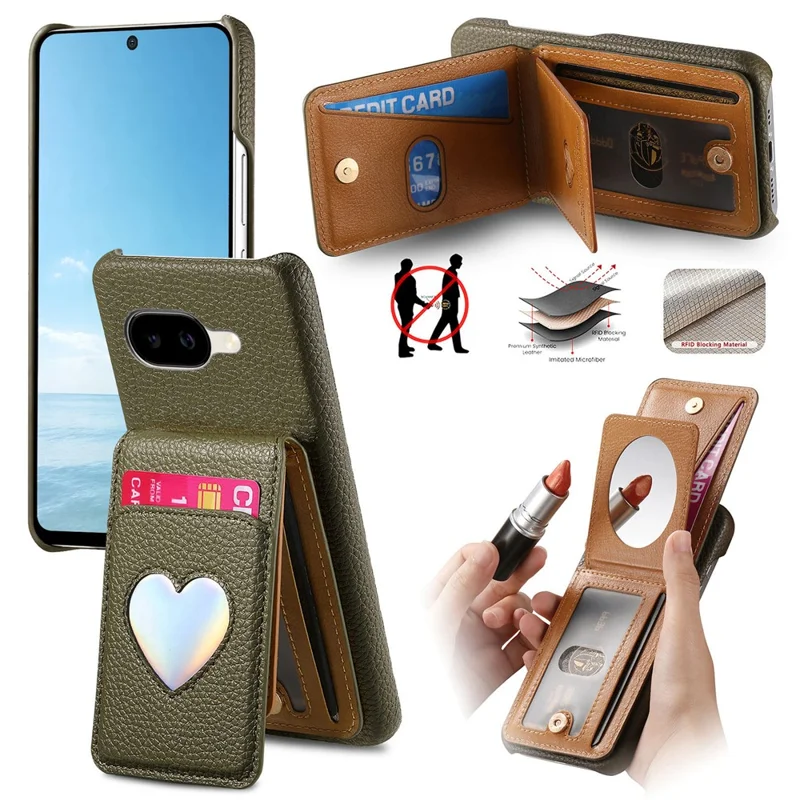 For Google Pixel 10a Case with Mirror Card Holder RFID Blocking Litchi Texture PU PC Phone Back Cover - Midnight Green