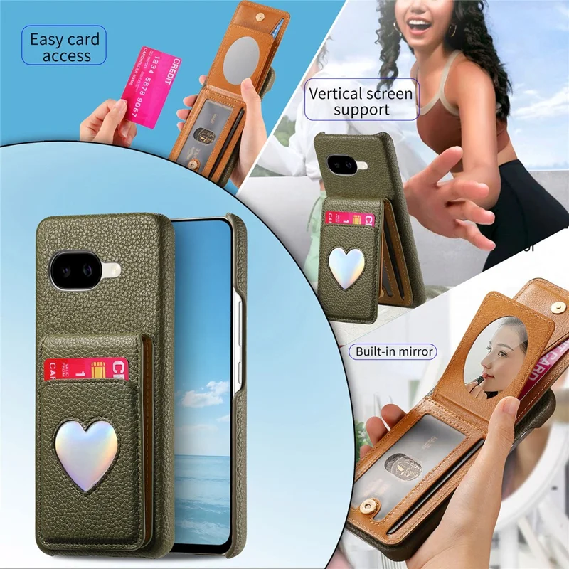 For Google Pixel 10a Case with Mirror Card Holder RFID Blocking Litchi Texture PU PC Phone Back Cover - Midnight Green
