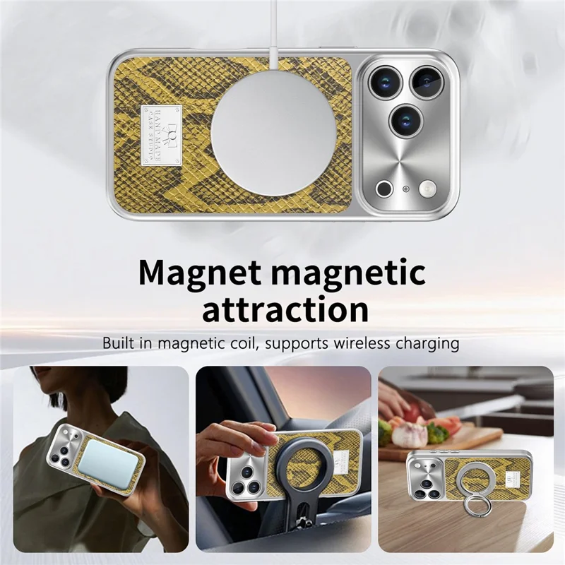 For iPhone 17 Pro Max Magnetic Case Snake Pattern Anti-Scratch PU Leather + PC + TPU Phone Cover - Yellow