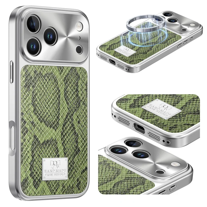 For iPhone 17 Pro Magnetic Case Snake Pattern Anti-Scratch PU Leather + PC + TPU Phone Cover - Green