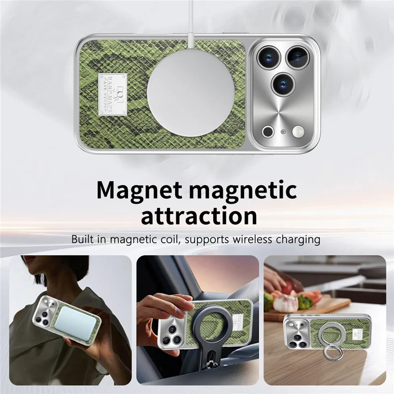 For iPhone 17 Pro Magnetic Case Snake Pattern Anti-Scratch PU Leather + PC + TPU Phone Cover - Green