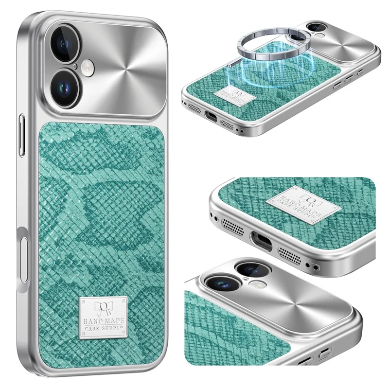 For iPhone 16 Magnetic Case Snake Pattern Anti-Scratch PU Leather + PC + TPU Phone Cover - Blue