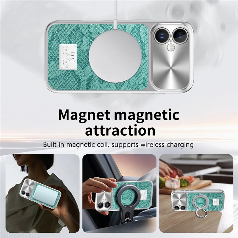 For iPhone 16 Magnetic Case Snake Pattern Anti-Scratch PU Leather + PC + TPU Phone Cover - Blue