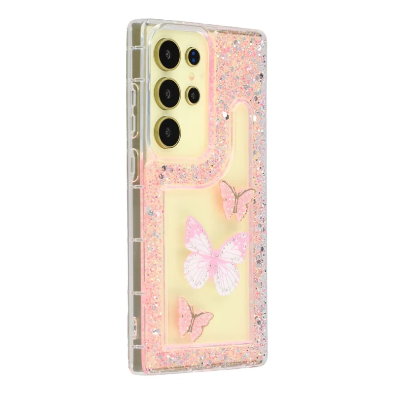 For Samsung Galaxy S25 Ultra Case DIY Butterfly Glitter Epoxy Soft TPU Phone Back Cover - Pink