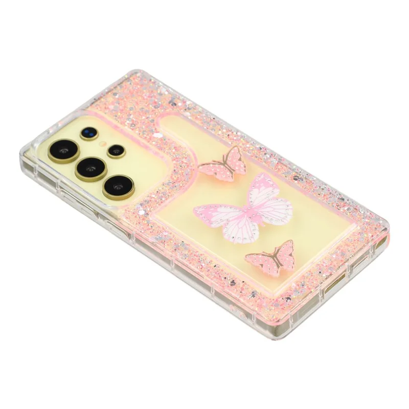 For Samsung Galaxy S25 Ultra Case DIY Butterfly Glitter Epoxy Soft TPU Phone Back Cover - Pink