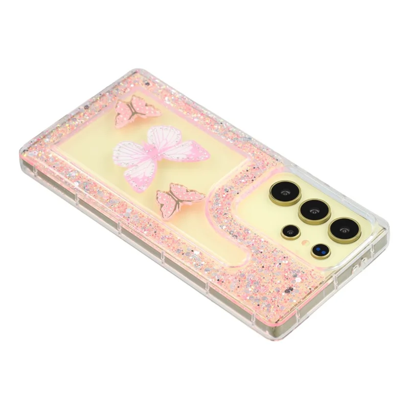 For Samsung Galaxy S25 Ultra Case DIY Butterfly Glitter Epoxy Soft TPU Phone Back Cover - Pink