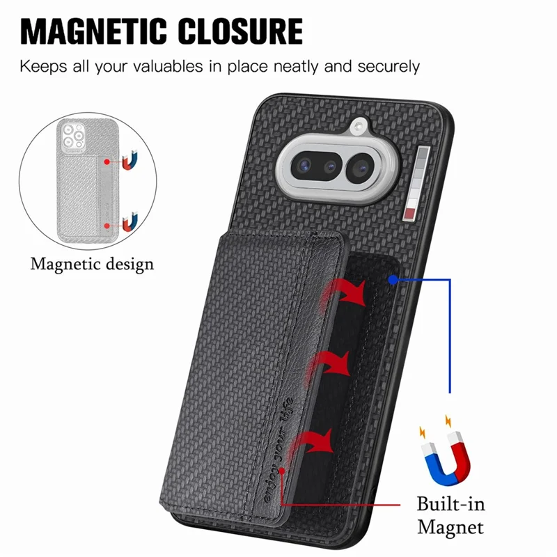 For Nothing Phone (4a) Case RFID Blocking Carbon Fiber Leather Phone Back Cover with Card Holder - Black