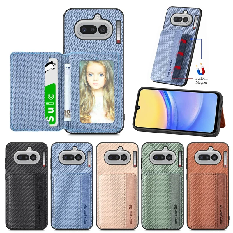 For Nothing Phone (4a) Case RFID Blocking Carbon Fiber Leather Phone Back Cover with Card Holder - Black