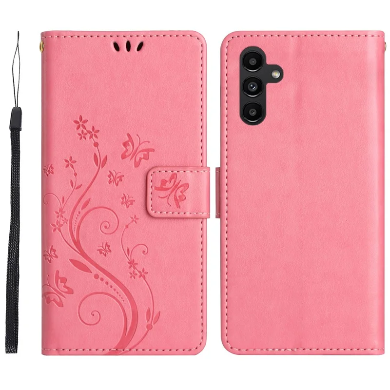 Für Samsung Galaxy S25 FE Ledertasche mit Schmetterlings- und Blumenmuster, Handyhülle mit Gurt - Rosa