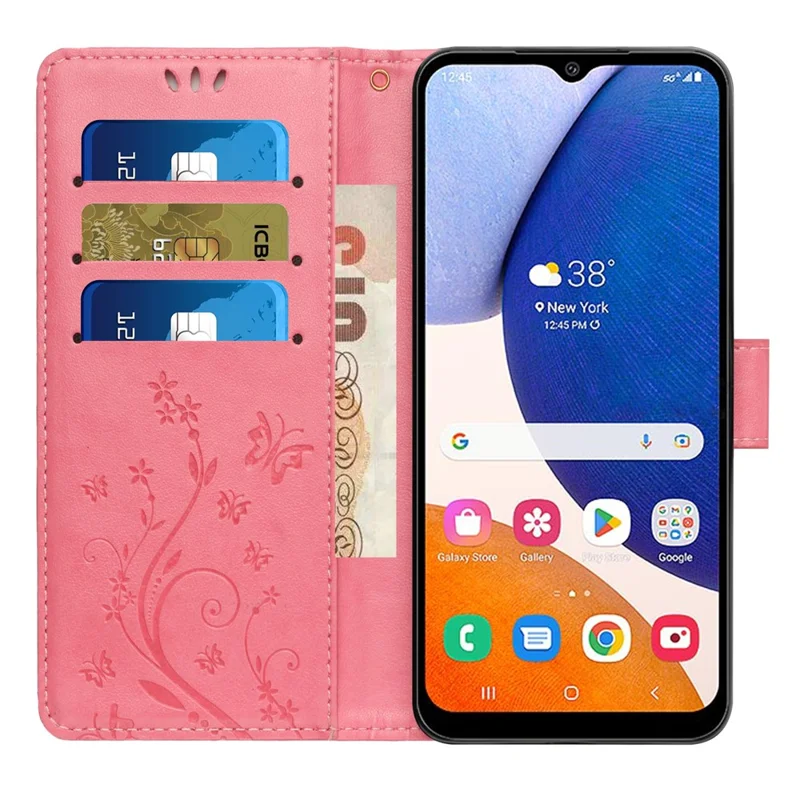 Für Samsung Galaxy S25 FE Ledertasche mit Schmetterlings- und Blumenmuster, Handyhülle mit Gurt - Rosa