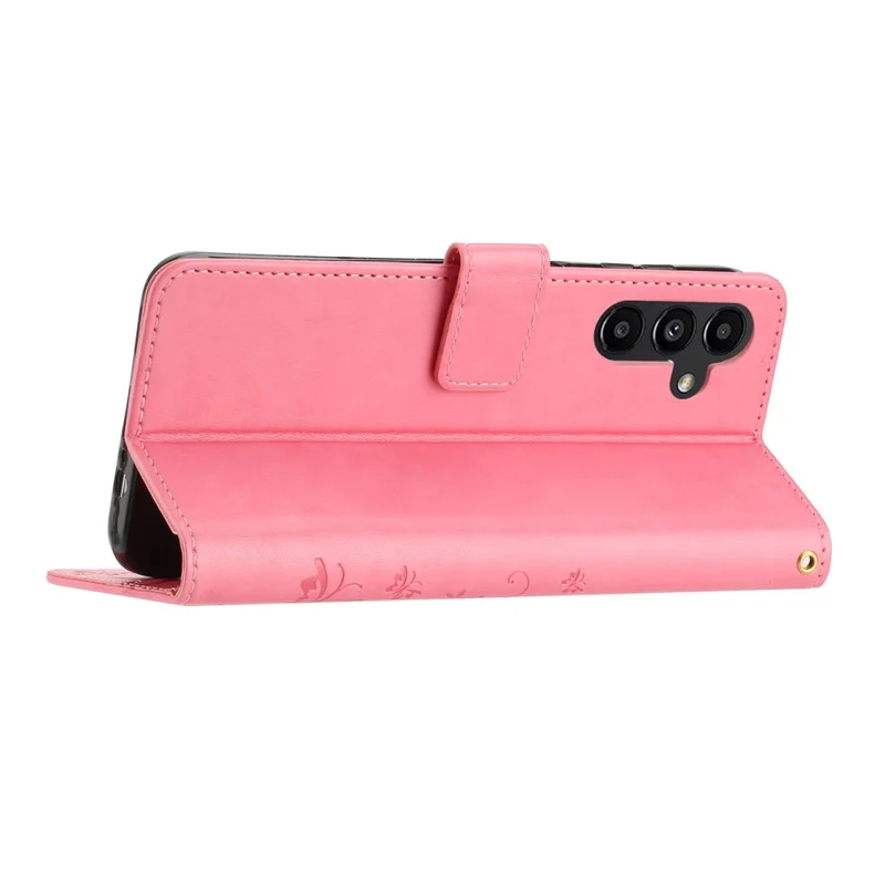 Für Samsung Galaxy S25 FE Ledertasche mit Schmetterlings- und Blumenmuster, Handyhülle mit Gurt - Rosa