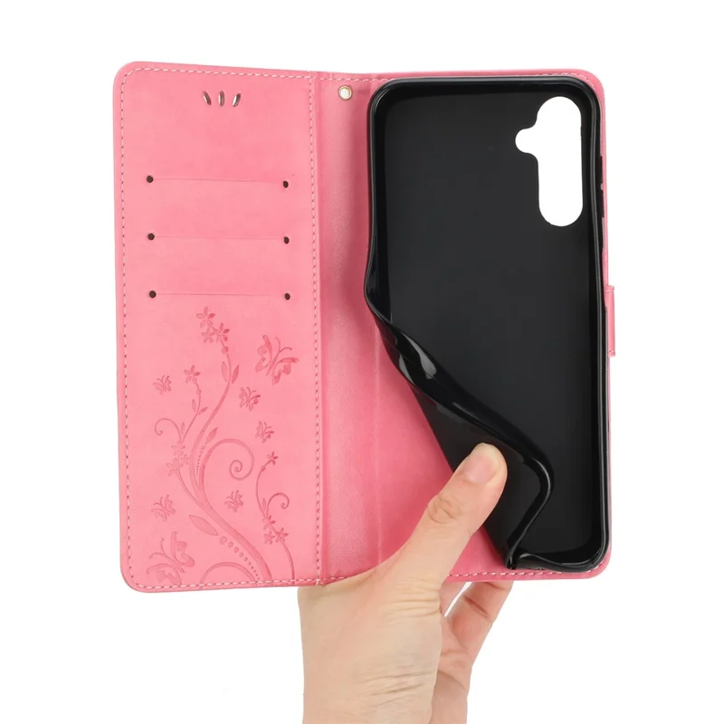 For Samsung Galaxy S26 FE Leather Wallet Case Butterfly Flower Imprinted Phone Cover with Strap - Pink