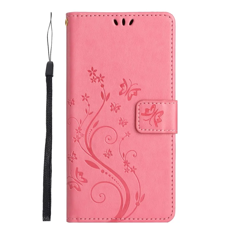 For Samsung Galaxy S26 FE Leather Wallet Case Butterfly Flower Imprinted Phone Cover with Strap - Pink