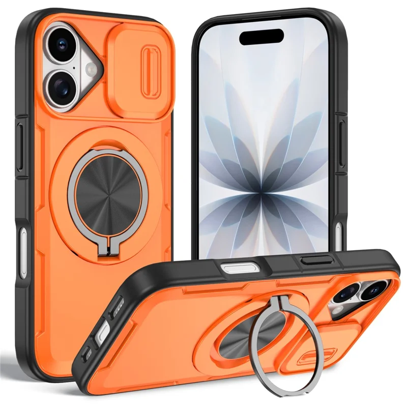 For iPhone 17 Magnetic Case Slide Camera Cover Rotary Kickstand PC + TPU Phone Shell - Orange