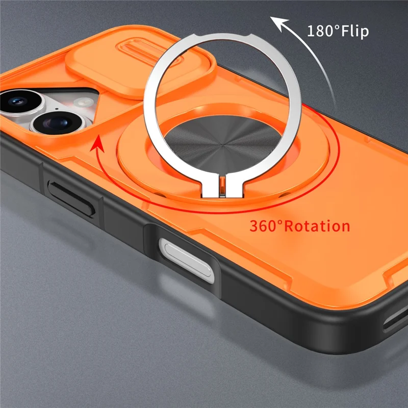 For iPhone 17 Magnetic Case Slide Camera Cover Rotary Kickstand PC + TPU Phone Shell - Orange