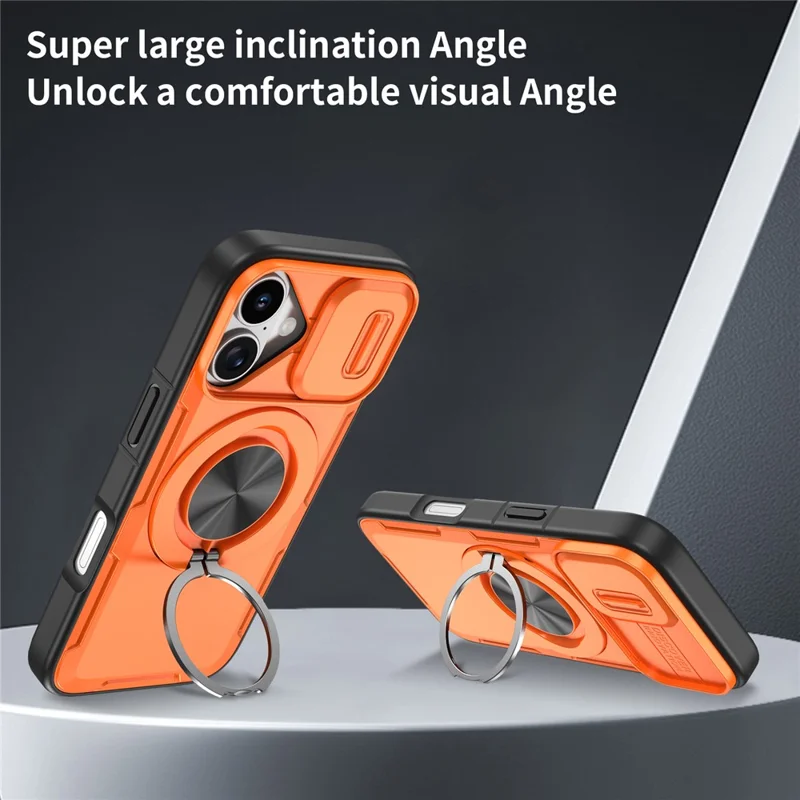 For iPhone 17 Magnetic Case Slide Camera Cover Rotary Kickstand PC + TPU Phone Shell - Orange