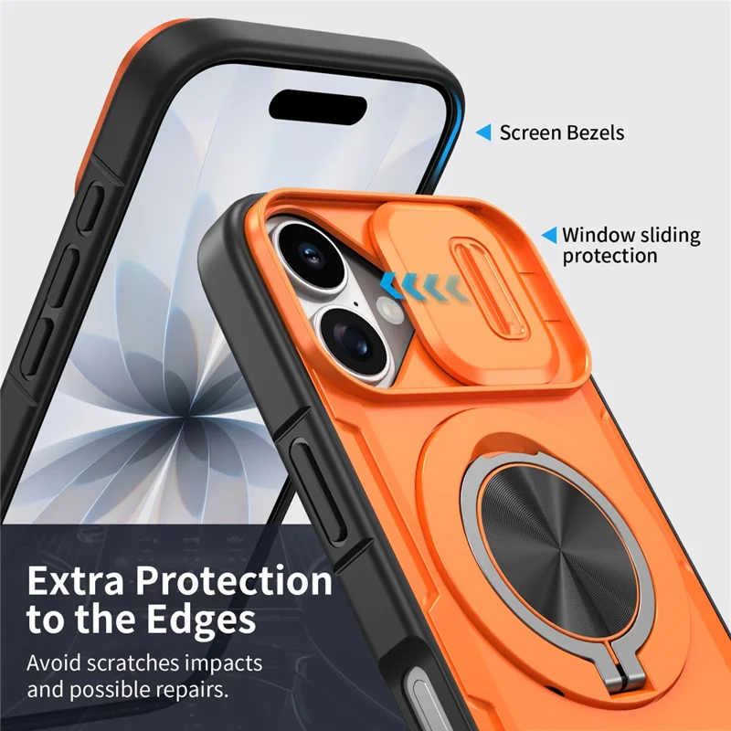 For iPhone 17 Magnetic Case Slide Camera Cover Rotary Kickstand PC + TPU Phone Shell - Orange