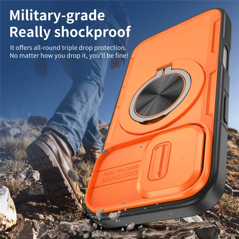 For iPhone 17 Magnetic Case Slide Camera Cover Rotary Kickstand PC + TPU Phone Shell - Orange