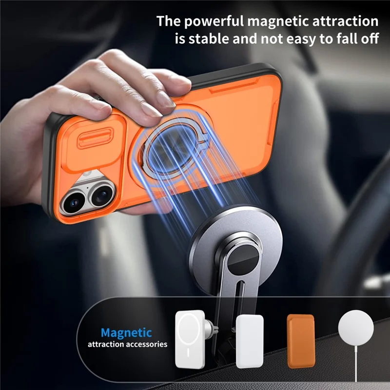 For iPhone 17 Magnetic Case Slide Camera Cover Rotary Kickstand PC + TPU Phone Shell - Orange